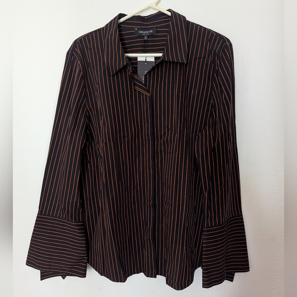 Lafayette 148 New York Button Front Dramatic Cuff Striped Shirt Size 14 New